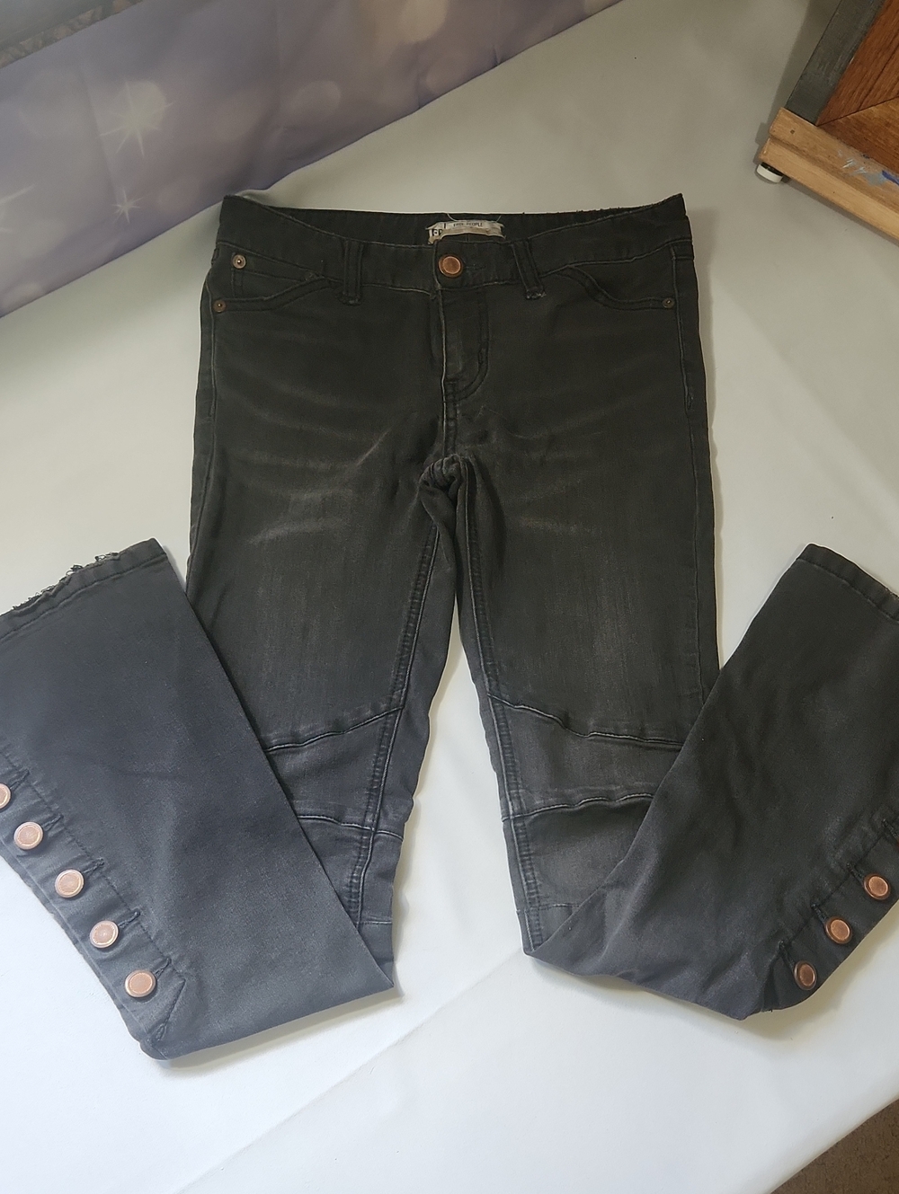 Free People Black Washed Button Detail Flare Jeans